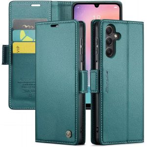Kal-Coque Pour Samsung Galaxy S25 Plus+ 2 Pièces Verre Trempé,Antivol,Prend En Charge Le Chargement Sans Fil, Pochette Fermeture Magnétique Flip Case-Bleu-Vert - Neuf