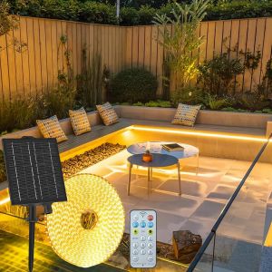 Bande Led Solaire D'extérieur - 10 M - 640 Led - Étanche Ip68 - Avec Télécommande - Intensité Variable - 8 Modes - Barre Led Flexible Pour Jardin, Terrasse, Balcon, Pavillon, Chemin, Gouttière - Neuf