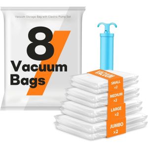 Sac Sous Vide Vetement Sac Rangement vetement 3 Tailles 8 Sacs Housse de Rangement Sous Vide Couettes avec Pompe Manuelle Vacuum Storage Bags V&ecirc;tements Voyage Organisation D&eacute;m&eacute;nagement - Neuf