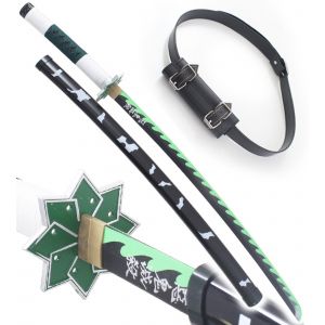 Demon Slayer Epee en Bois Sanemi Shinazugawa Katana en Bois Kimetsu No Yaiba Sabre + Ceinturon Noir Porte Epee Ceinture D&eacute;coration - Neuf