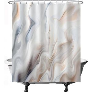 UAA-Rideau de Douche - Marbre Ondes Marron Sépia - 180 x 200 cm - Lavable - Anti moisissure - avec 12 Anneaux - Blanc Beige - Neuf