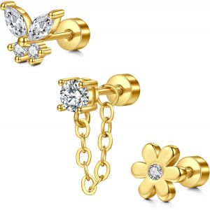 Kal-3 Pièces 20g Helix Piercings Tragus Piercing Or Argent Pour Dames Boucles Piercing Oreilles Acier Chirurgical Piercing Papillon Fleur Serpent Boucles Oreilles Cartilage Set - Neuf