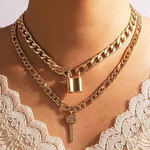 Kal-Colliers Punk Cubains À Grosses Chaînes En Couches Collier Ras Du Cou En Or Collier À Cadenas Pendentifs Colliers À Clés Chaîne Bijoux Pour Femmes Et Filles - Neuf
