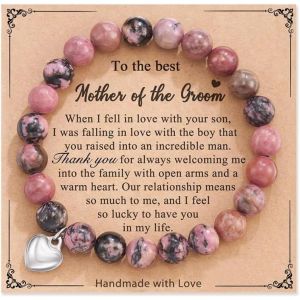 Kalsw-Bracelet &Eacute;lastique Pierre Rhodonite Naturelle Perles Rondes Pendentif Coeur Argent&eacute; Bijou Artisanal Femme - Neuf