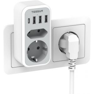 CHENG-Multiprise Murale 2 Sortie AC avec 4 USB, Chargeur USB 3600W, 6 en 1 Prise Europ&eacute;ennepour Phone et Appareils M&eacute;nagers, Gris - Neuf