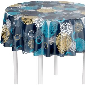 Sjzg-Nappe Lavable Au Mètre - Ronde (Bord Coupé) - Motif Tourbillon Bleu - Toile Cirée Imperméable Idéale Comme Nappe Ou Chemin De Table Pour Bancs De Bière - 140 Cm - Neuf