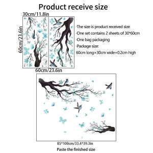 Lot De 2 Stickers Muraux Motif Branches De Fleurs, Fleurs Bleues, Arbres, Oiseaux, D&eacute;coration Murale Pour Chambre D'enfant, Salon, 30 X 60 Cm - Neuf