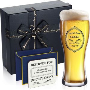 Set De Verre À Bière 450 Ml Chope À Bière Gravé World's Finest Carte De V?ux Pour Père Sous-Verre En Bois Massif Verre À Pinte Pour Fête Des Pères Cadeau Anniversaire Noël (Uncle) - Neuf