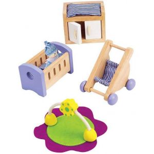 ERYI-Jouet - Ensemble Chambre De Bébé Pour Maison De Poupée En Bois - Accessoires Chambre Bébé En Bois Berceau, Table À Langer, Pousette, Coffret 8 Pièces - Fille Et Garçon À Partir De 3 Ans - Neuf