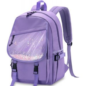Cartable Fille Primaire,21L Grand Joli Sac à Dos Enfant Filles 8 à 14 Ans Multi-poches Sac d`École pour Scolaire Collège Voyage avec Poche Avant Transparente Violet - Neuf