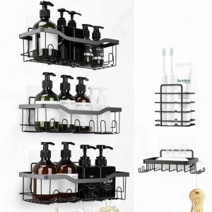 Etagère de Douche sans Perçage 5 PCS Étagère de Rangement Douche Noir avec Crochets,Support Douche,Etagere Salle de Bain,Porte Shampoing Douche,avec Porte Savon et Porte-brosse à Dents - Neuf