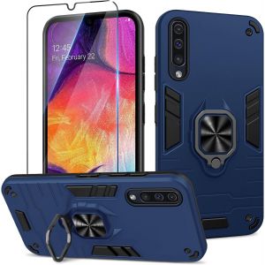 Fghbb-Coque Pour Samsung Galaxy A50 Avec Verre Trempé, Etui De Protection Antichoc De Qualité Militaire, Housse Avec Anneau Support Métallique, Support De Voiture Compatible, Bleu - Neuf