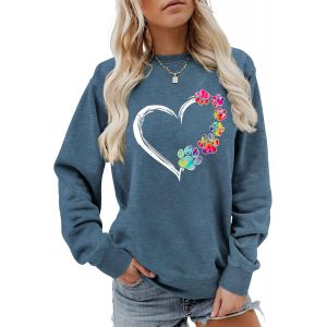 Kalanka-Sweat-Shirt Pour Femme Sans Capuche Demi-Fleur Demi Coeur Imprim&eacute; Hauts &Agrave; Manches Longues Automne Hiver Pull Tenue - Neuf