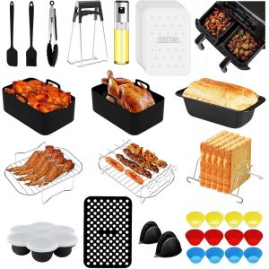 Dual Air Fryer Accessoires pour Moulinex EY9018 5,2/3,1 L,Cecotec Cecofry DuoSize 9L 5,5/3,5L,123 pcs Deux tailles Dual Moule Air Fryer en silicone avec Moule Cake,Pain,Grille Racks,Brosses etc - Neuf