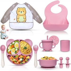 Kal-Assiette Bebe Set, 11 Pièces Coffret Repas Bebe Silicone, Vaisselle Assiette Ventouse Pour Bébé, Bavoir Silicone Bebe, Cuillère, Enfant Set Couverts Vaisselle Pour Sevrage Manger (Rosa) - Neuf