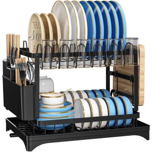Égouttoir À Vaisselle À 2 Niveaux Avec Plateau D'égouttement En Acier Inoxydable Pour Évier De Cuisine - Noir - Avec Découpe D'ustensiles Et Support De Planche Pour Comptoir - Neuf