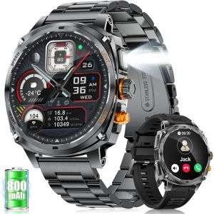 Montre Connect&eacute;e Homme Avec 800Mah Batterie, 1,75"" Amoled &Eacute;cran/Led Lampe/100+ Modes Sportifs/Appels Bluetooth, Calories/Fr&eacute;quence Cardiaque/Sommeil Moniteur Pour Android Ios - Neuf