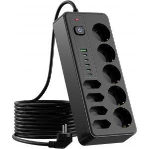 9 Prises Multiprise, 15 en 1 Multiprise Parafoudre avec USB (5 USB C+1 USB A), Prise Multiple Murale avec Interrupteur C&acirc;ble 1.8M pour Bureau, Maison&iquest;Noir&iquest; - Neuf