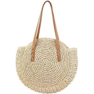 Sac en paille pour femme-Style r&eacute;tro-Rond-Sac de plage-Sac &agrave; bandouli&egrave;re-Pour femme-Pour les voyages,les vacances,les loisirs,beige,Medium.[A133] - Neuf