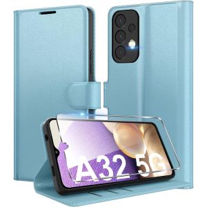 TRAHOO-Coque pour Samsung Galaxy A32 5G (Pas pour 4G) en Premium Cuir PU, Portefeuille Housse Etui pour Cartes Protection Anti-Choc Flip Case avec 1 Verre Tremp&eacute; Bleu - Neuf