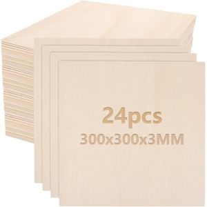 Mevronisshop-24 Planches En Bois De Tilleul 3mm, Contreplaqu&eacute; 300x300mm Pour D&eacute;coupe Laser Et Gravure, Panneaux De Bois Naturel Pour Diy, Mod&eacute;lisme, Pyrogravure Et Arts Cr&eacute;atifs - Neuf