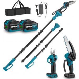 MEVRONISSHOP-4 en 1 elagueuse batterie & &Eacute;lagueuse sur perche sans fil - S&eacute;cateur sans balais 25 mm, mini-tron&ccedil;onneuse 6"", perche t&eacute;lescopique de 200 cm, angle r&eacute;glable &agrave; 180&deg;, 2 batteries 3,0 Ah - Neuf