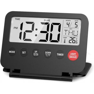 R&eacute;veil de voyage &iquest; Horloge num&eacute;rique LCD compacte avec r&eacute;tro&eacute;clairage r&eacute;glable, double r&eacute;glage du volume, format heure 12/24h, calendrier, affichage de la temp&eacute;rature, fonction r&eacute;p&eacute;tition - Neuf