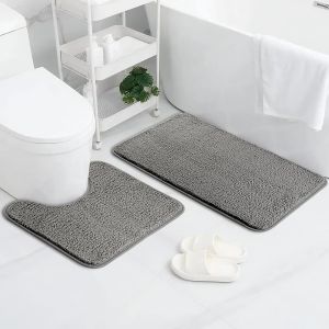 Kal-Lot De 2 Tapis De Salle De Bain Antidérapant, Comprenant 1 Tapis De Bain(50 X 80 Cm) Et 1 Tapis Wc (50 X 40 Cm), Tapis De Bain En Microfibre À Poils Longs Pour Douche, Salle De Bain, Gris - Neuf
