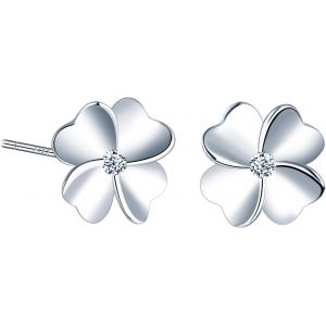 Kal-Boucles D'oreilles Trèfle À Quatre Feuilles En Argent Sterling 925 Plaqué D'rhodium Pour Les Femmes Filles, Chanceux Trèfle Clous D'oreilles Argent Hypoallergénique - Neuf