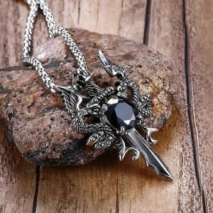 Colliers Pour Hommes En Acier Inoxydable Double Dragon Croix Épée Pendentif Collier Pour Hommes Vintage Punk Animal Vélo Bijoux - Neuf
