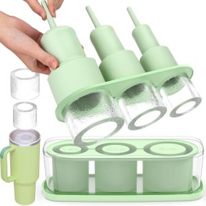 Kal-Bac À Glaçons Pour Stanley Cup, 3 Compartiments, Bac À Glaçons, Bac À Glaçons En Silicone Avec Couvercle Et Récipient, Sans Bpa, Glaçons Pour Gobelet De 40 Onces, Boisson Glacée, Jus, Whisky (Ver - Neuf