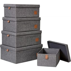 lbgwp60-Love It Store It - Premium - Boite De Rangement Avec Couvercle, Lot De 5 - Tissu En Lin - Poignées En Cuir Textile - Renforts En Bois - Gris Chiné - Différentes Tailles - Neuf