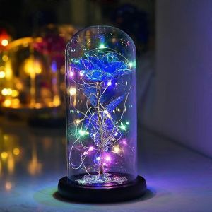 Rose La Belle et la B&ecirc;te, rose &eacute;ternelle en feuille d'or sous d&ocirc;me de verre avec 20 lumi&egrave;res LED lumi&egrave;re chaude, rose galaxie artificielle, cadeau de fleur (bleu) - Neuf