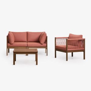 Ensemble De Jardin Avec Canap&eacute; Modulaire 2 Pi&egrave;ces Avec Accoudoirs, Fauteuil Et Table Basse En Bois D'acacia Branson Terracota Brun Acacia - Neuf