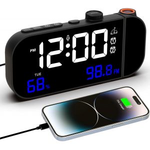 VORRINC Reveil Projecteur Plafond, Radio Reveil Température et Humidité, Réveil Numérique avec Double réveil/Snooze/Fonction Veille/Luminosité et Réglage du Volume/Chargement USB / 12/24H - Noir - Neuf