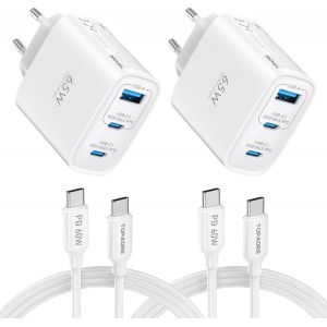 Chargeur 65 W USB C, Chargeur 2 pi&egrave;ces avec 2 c&acirc;bles de Charge 60W (2m), Chargeur Rapide USB C Compatible avec MacBook Pro/Air, iPad Air/Pro, iPhone 17/16/15Pro Max et Galaxy 25+/24/23. Blanc - Neuf