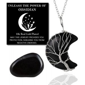 Eryi-Collier Bracelet En Pierre De Lune - Amour Lunaire - Fil Arbre De Vie Plaqué Platine/18 Carats Or Fait À La Main, Pendentifs En Forme De Lune/C?ur/Goutte D'eau En Cristal Naturel - Neuf