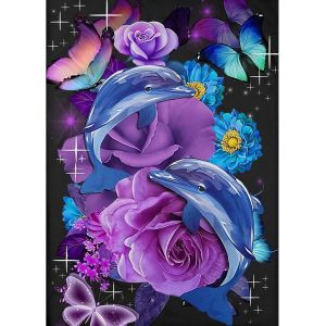 Peinture Diamant 5d À Faire Soi-Même, Motif Fleurs, Strass, Kit Complet De Broderie Diamant, Paysage, Motif Fleurs, Dauphins Dans La Mer De Fleurs, 30 X 40 Cm - Neuf