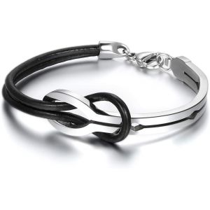 Kal-Bijoux Bracelet Homme Symbole Infini Infinity Charm Manchette Cuir Acier Inoxydable Fantaisie Pour Homme Et Femme Cha&icirc;ne De Main Couleur Noir Argent Avec Sac Cadeau - Neuf