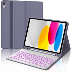 Clavier Ipad (A16) 11&egrave;me G&eacute;n&eacute;ration 11 Pouces 2025/10&egrave;me G&eacute;n&eacute;ration 10.9U201d 2022, Coque Clavier Azerty Sans Fil Bluetooth Eclairage 7 Couleurs Pour Ipad10/11eme Avec Porte Crayon, Violet Lavande - Neuf