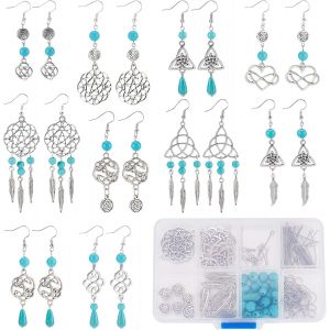 1 Boîte Diy 10 Paires Style Vintage Trinité Noeud Charme Infini Amour Charmes Boucles D'oreilles Kit Plume Charme Noeud Charmes Pour La Fabrication De Bijoux Synthétique Turquoise Perles Ron - Neuf