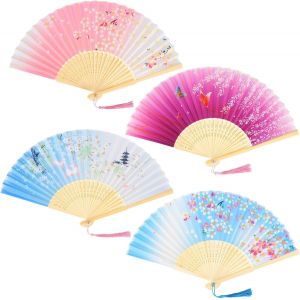 Lot de 4 Eventail Éventail Japonais Évantail Tissu Soie Pliants Éventails Bambou Evantail Solide Evantaille Chinois avec Frange pour Femme Mariage Été Enfant Fille Homme - Neuf
