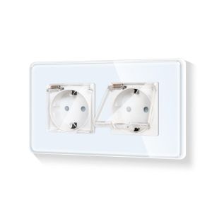 Prise Schuko double ronde avec couvercle encastr&eacute;e 2 prises - Couleur : blanc - Avec cadre en verre - 16 A - 110 &agrave; 250 V - 157 mm - Neuf