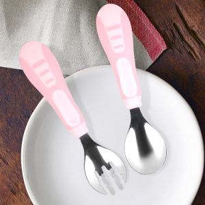 Ensemble De Cuilleres Et Fourchettes Antiderapantes En Acier Inoxydable Durable Pour La Vaisselle Des Bebes Et Des Enfants (Rose) - Neuf