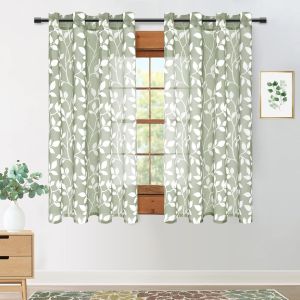 Eryi-Rideau Voilage Court Transparent 140x160 Cm Pour Cuisine Fenetre Chambre, Rideaux Gris-Vert Et Draperies Intérieurs Rideau Salon En Voile À Oeillets Motif Imprimé Feuilles, 2 Pièces - Neuf