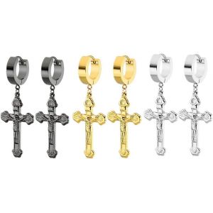 Kal-3 Paires Boucles D'oreilles À Pampilles Pendantes En Forme De Croix En Acier Inoxydable Jauges De Tunnel Rondes Boucles D'oreilles À Vis Pour Homme Femme Garçons - Neuf