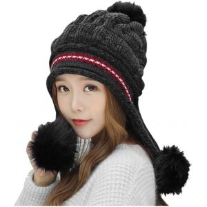 Chapeau Noir Femme Chaude En Tricot Cache-Oreilles Femmes Chapeau Ajouter Un Foulard Chaud Pour L'hiver Beanie Knit Casquette De Baseball De Coton Pour Les Femmes - Neuf