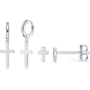 Tianyi-Boucles D'oreilles Créoles En Argent 925 - Petite Croix - Pour Homme Et Femme - Neuf