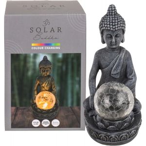 MEVRONISSHOP-Figurine de Bouddha solaire - Boule en verre LED à couleur de craquelée - Pour jardin et décoration - Étanche - Polyrésine et verre - 20 x 8 cm - Méditation et spiritualité - Neuf