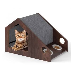 Meuble En Bois Pour Chat Costway, Condo Avec Station D'alimentation, Toit Amovible, Structure En M&eacute;tal, Maison Pour Chatons D'int&eacute;r - Neuf